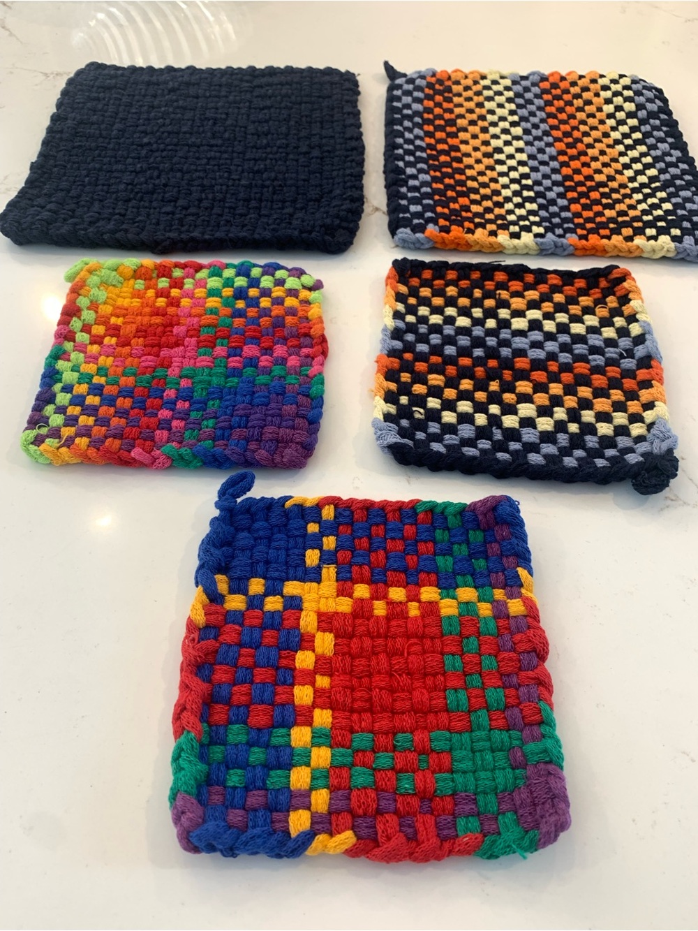 Vintage Handwoven Loom Potholders Set Of (5) 1970’s Brightly Colored
